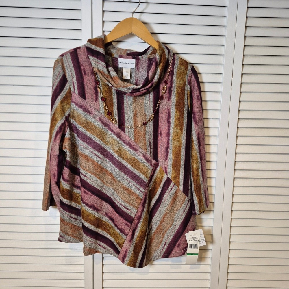 Alfred Dunner Wine Country Top L NWT Striped Cowl Neck + Detachable Necklace